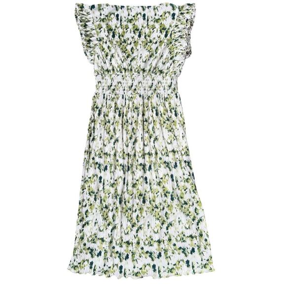 Chelsea28 Flutter Sleeve Plissé Midi Green Ivory Dress NWT Nordstrom - Large - Picture 3 of 12